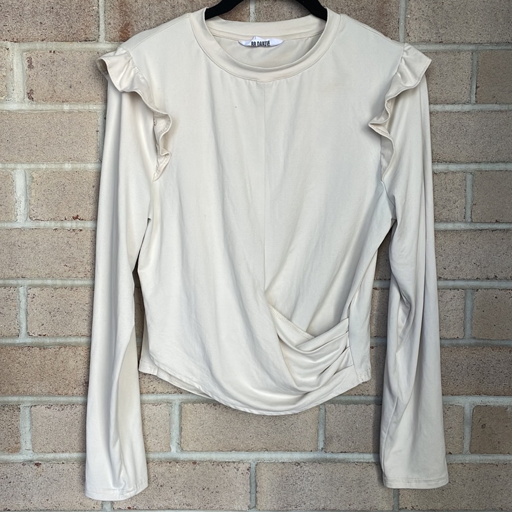 Beige Faux Suede Twist-Hem Top